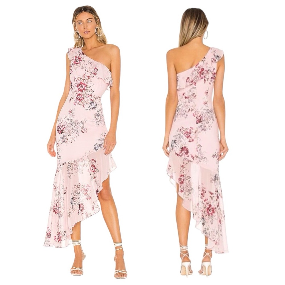 Michael Costello x Revolve Pink Floral One Shoulder Ruffle High Low Dress XS